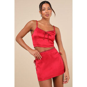 Lulus Flawless Impression Red Satin Lace Mini Skirt - Size XS